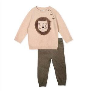 NEW VIVERANO ORGANICS kid's lion appliqué sweater knit & pant set in oatmeal hea